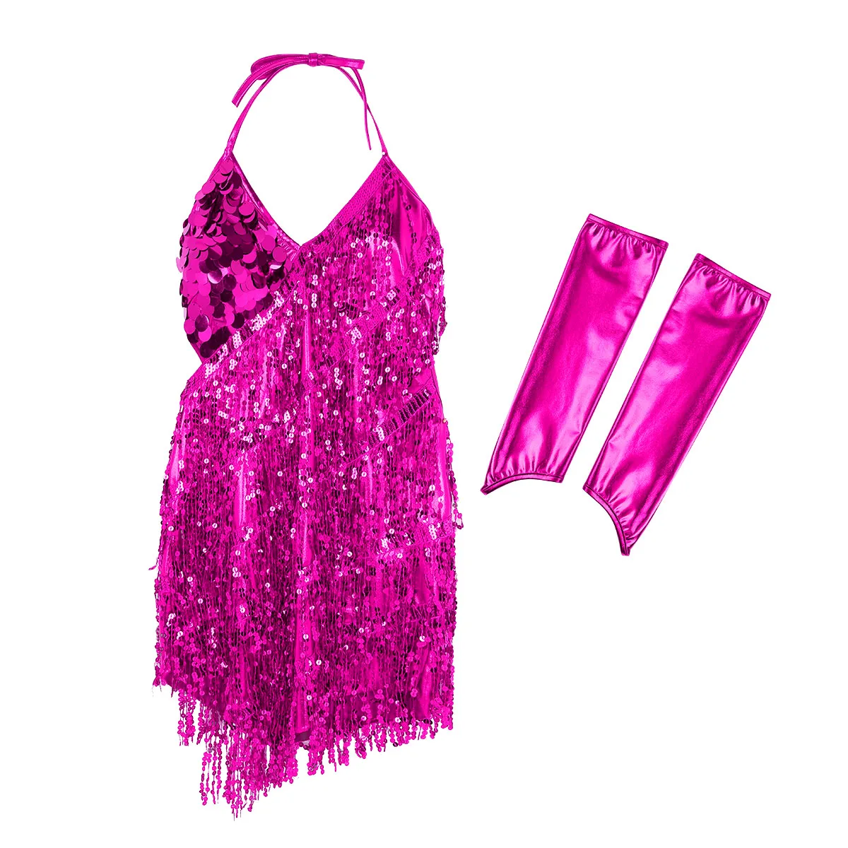 Tiaobug Для женщин с сияющими блестками; Цвет: Ленточки асимметричное платье для латинских танцев платье с лямкой на шее с открытой спиной Сальса Румба Самба Танго костюмы для сценических выступлений