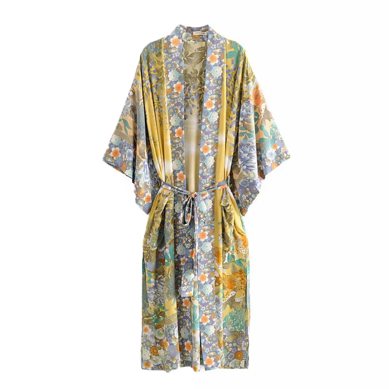 

GYPSY Boho Chic Summer Vintage Floral Print With Sashes Kimono Shirt Fashion Cardigan Loose Beach Split Blouses Femme Blusa