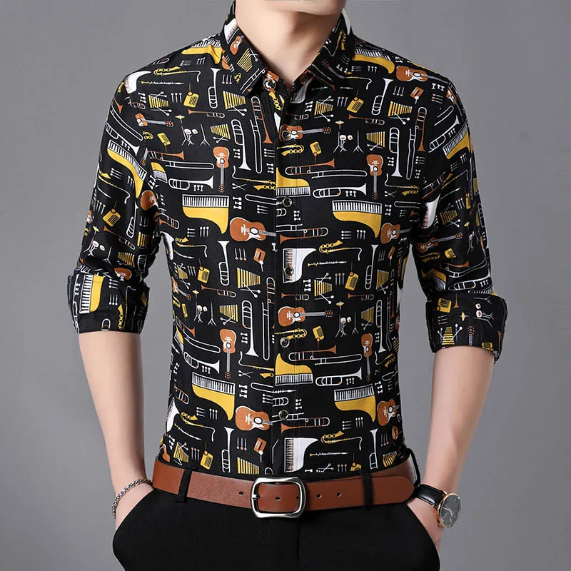 New Fashion Musical Instruments Printing Casual Fit Long Sleeve Shirts 5XL 6XL 7XL