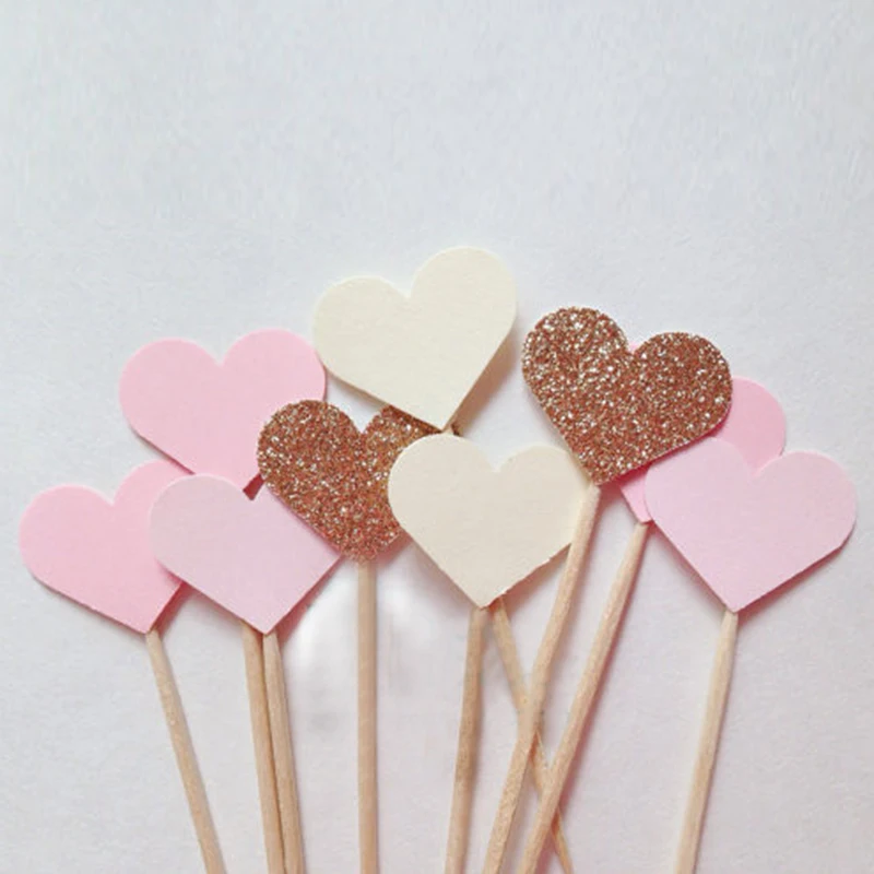 10PCS/set  Heart Cupcake Toppers Party Supplies Birthday Wedding Party Decoration Girl baby shower decorations Handmade14 Colors