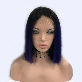 

1B/Purple Colored Ombre Two Tone Lace Front Wig Human Hair Peruvian Remy Short Bob Wig Pre Plucked For Black Wome Blunt Cut Wigs
