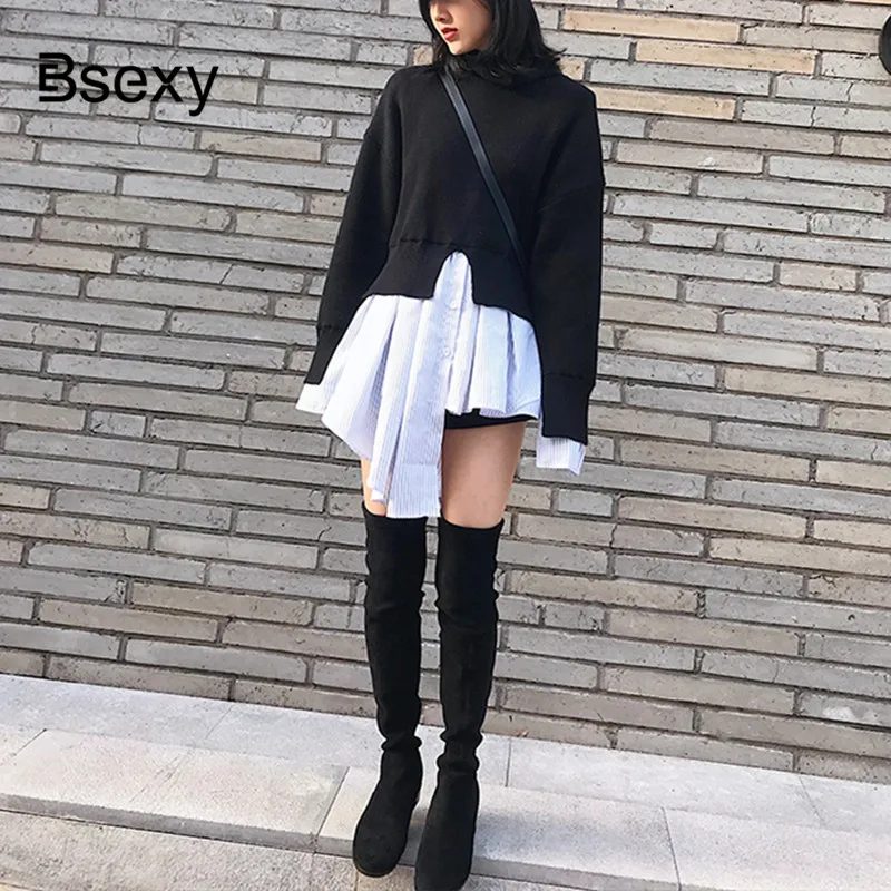 Fuax 2 шт. вязаные свитера рубашки в полоску с оборками 2019 весна высокий ворот