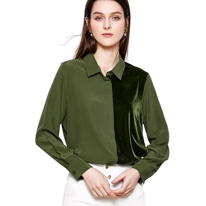 Женская шелковая блузка из натурального шелка, креповая блуза с длинными рукавами для женщин, бархатная комбинированная Весенняя новая Офисная Женская рубашка - Цвет: Армейский зеленый