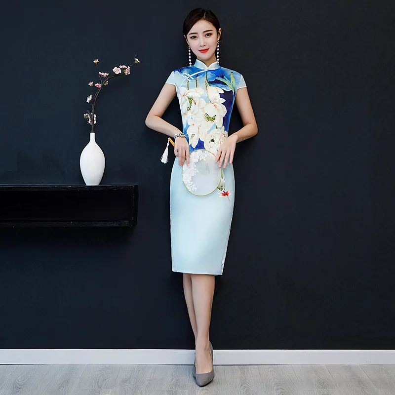 

New Print Flower Cheongsam Elegant Women' s Handmade Button Dress Short Sleeve Knee Length Sexy Short Dress Plus Size M-5XL