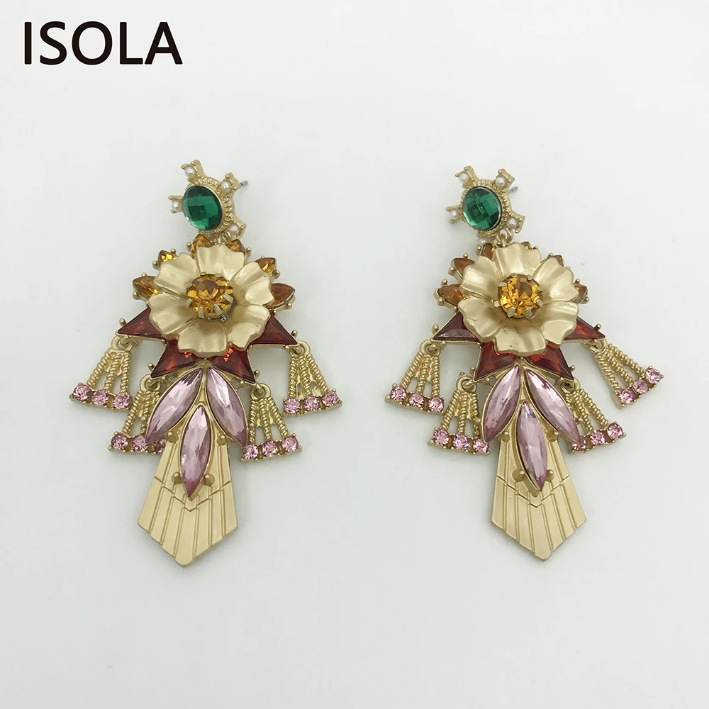 

ISOLA Elaborate Colorful Rhinestone Settled On Statement Flower With Short Tassel Baroque Earrings Staid Fashion Woman Jewelry