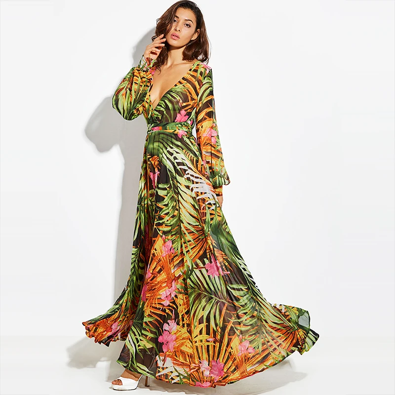 Vintacy модное женское летнее пляжное платье макси, Зеленое Длинное Платье с v-образным вырезом, богемное платье с рукавом-фонариком, платье в стиле бохо, женское вечернее платье