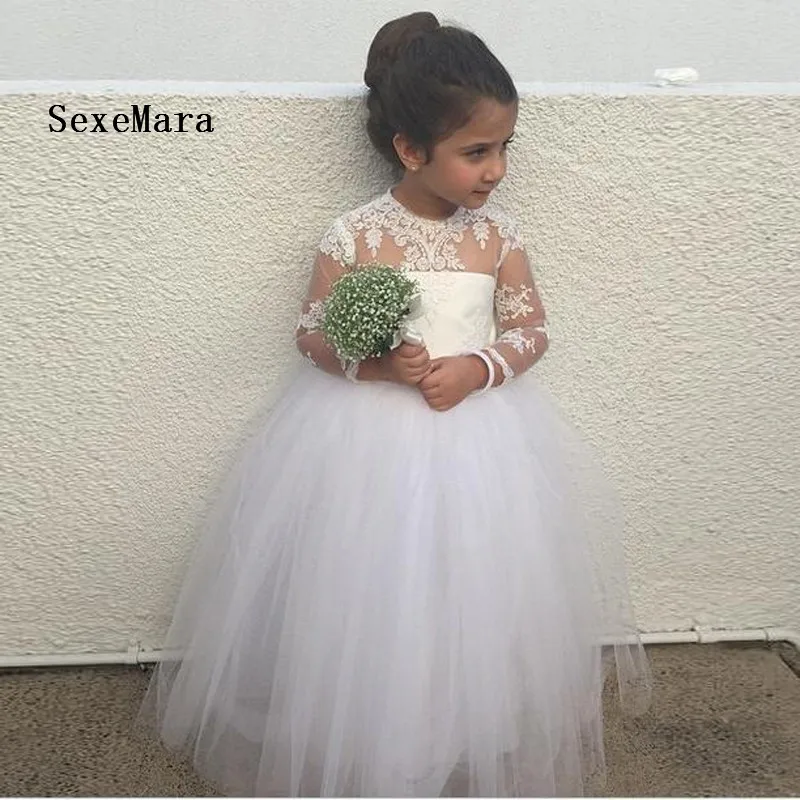 Adorable Long Sleeve Flower Girl Dress For Wedding Ball Gown Tulle Scoop Long Girls Communion Dresses Adorable Long Sleeve Flower Girl Dress For Wedding Ball Gown Tulle Scoop Long Girls Communion Dresses