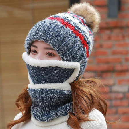 HT2137 вязаная зимняя маска шапка шарф набор женский толстый бини с помпоном кольцо шарф теплая шерсть зимние аксессуары для женщин Зимний комплект - Цвет: Тёмно-синий