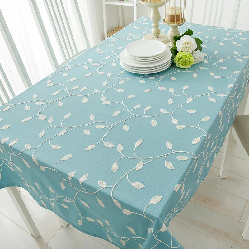 

60 - 250 x 60 - 250cm Table Cloth Cover Square Rectangle Linen Tablecloth Embroidered Leaves Blue Green White Customized