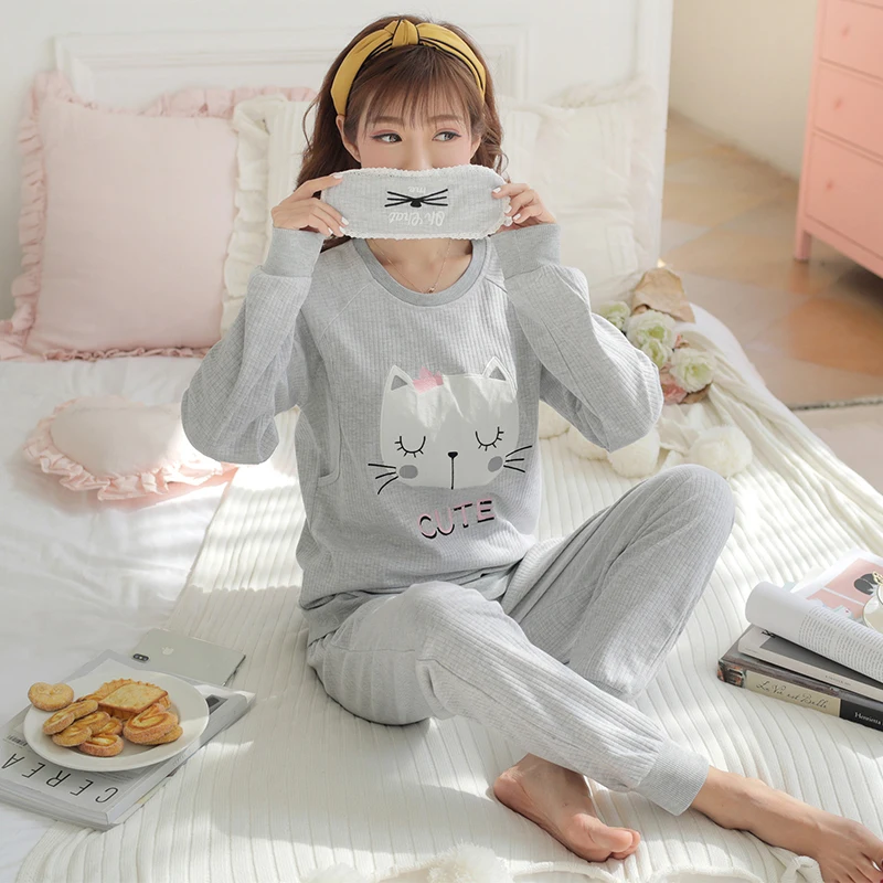 

8896# Cartoon Cat Print Maternity Nursing Homewear Pajamas Nightwear Suits Clothes for Pregnant Women Autumn Pregnancy Sleepwear