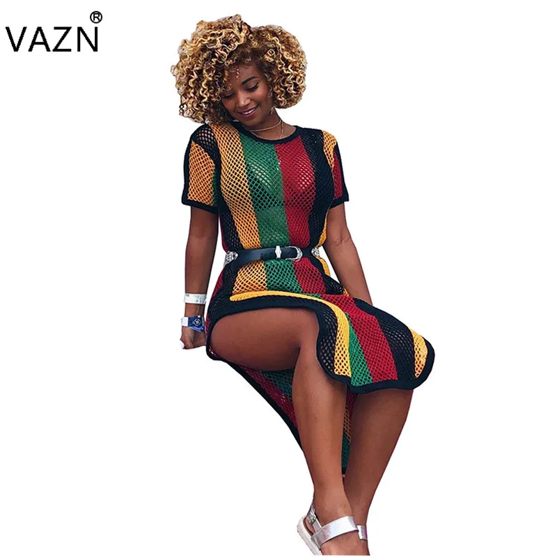 

VAZN 2018 High Quality Slim Temperate Fashion Bandage Dress Short Sleeve Midi Dress O-Neck Casual Print Dresses TS789