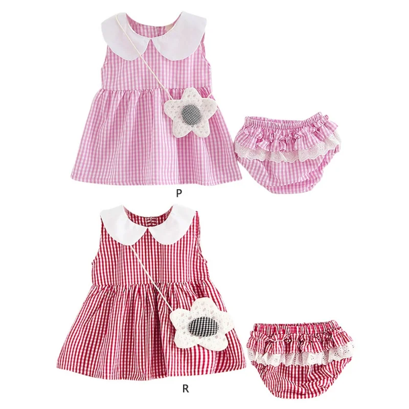 

Summer Kids Girl Casual Plaid Pattern Sleeveless Princess Cotton Dress Shorts Brief Outfits Set Beach Child Girls Clothes
