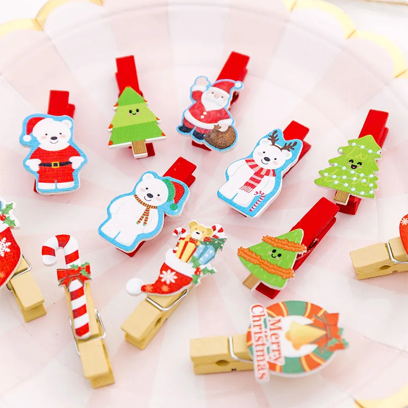 10Pcs Cute Santa Wooden Paper Clip Christmas Tree Memo Clips Photo Clip