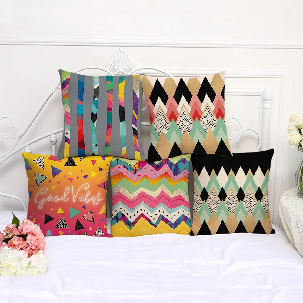 Color Painting Geometric Cushion Cover Cotton Linen Decorative