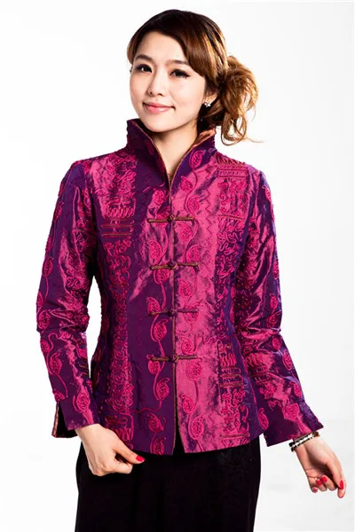 Женская куртка серого цвета размера плюс 3XL 4XL 5XL, осенняя Повседневная атласная куртка в китайском стиле, новинка, верхняя одежда с вышитыми цветами YZ68 - Цвет: Burgundy