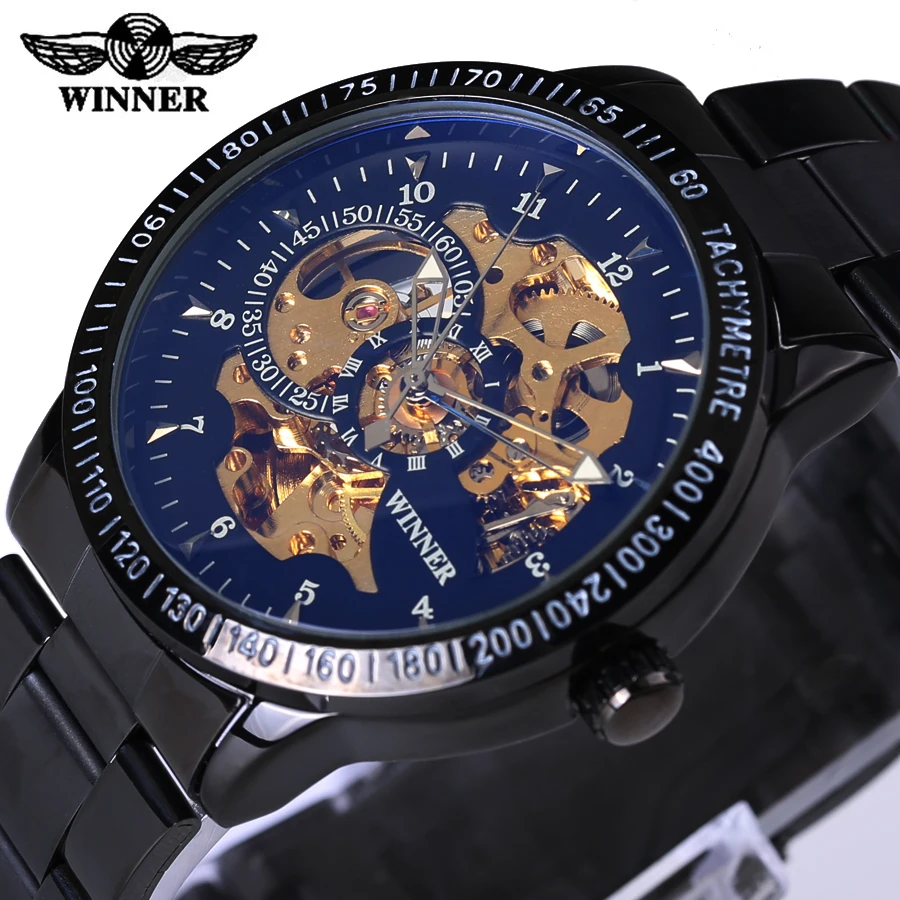 2016 Famous Brand font b Winner b font Luxury Fashion Vintage Steel Stainless Black Dial Men