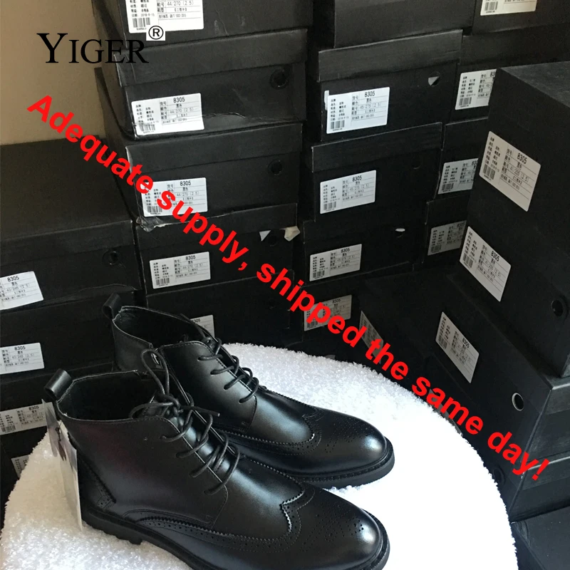 YIGER NEW Men Boots Genuine Leather Boots Large Size Men Casual Lace-Up Bullock Black Spring/Autumn Ankle boots