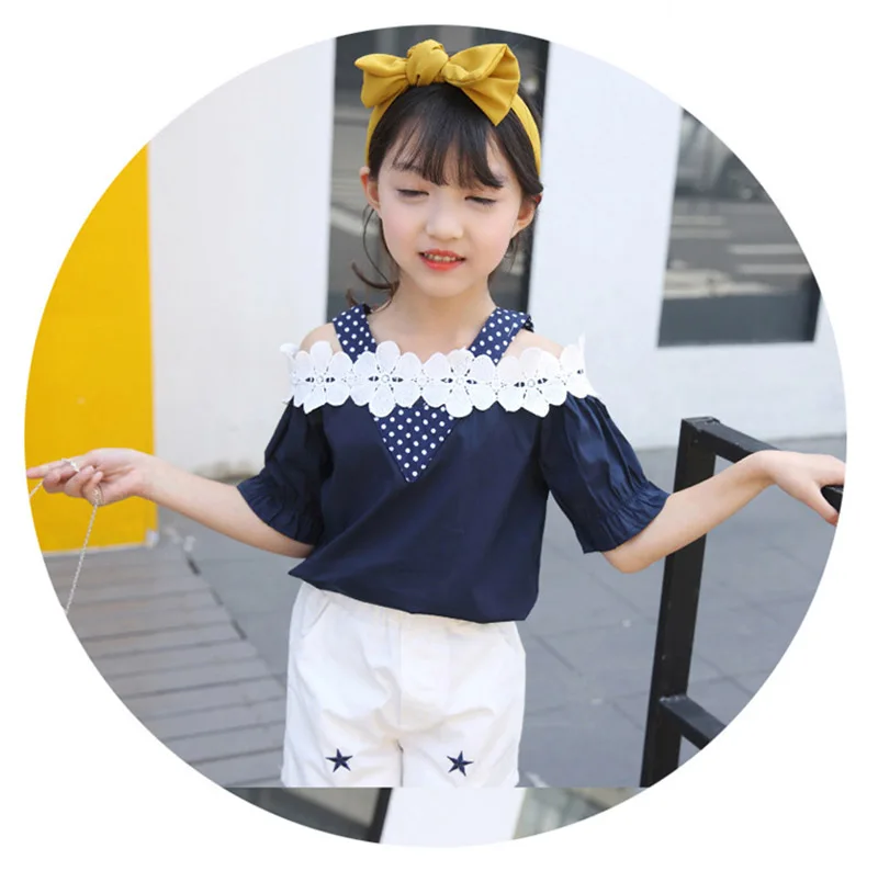 summer girls clothing sets children off-the-shoulder lace shorts pant two-piece girls clothing suit (7)