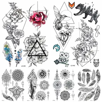 

Women Black Diamond Lotus Humminbirds Tattoos Stickers Men Bear Flower Water Transfer Tattoo Temporary Body Arm Neck Ankle Tatoo