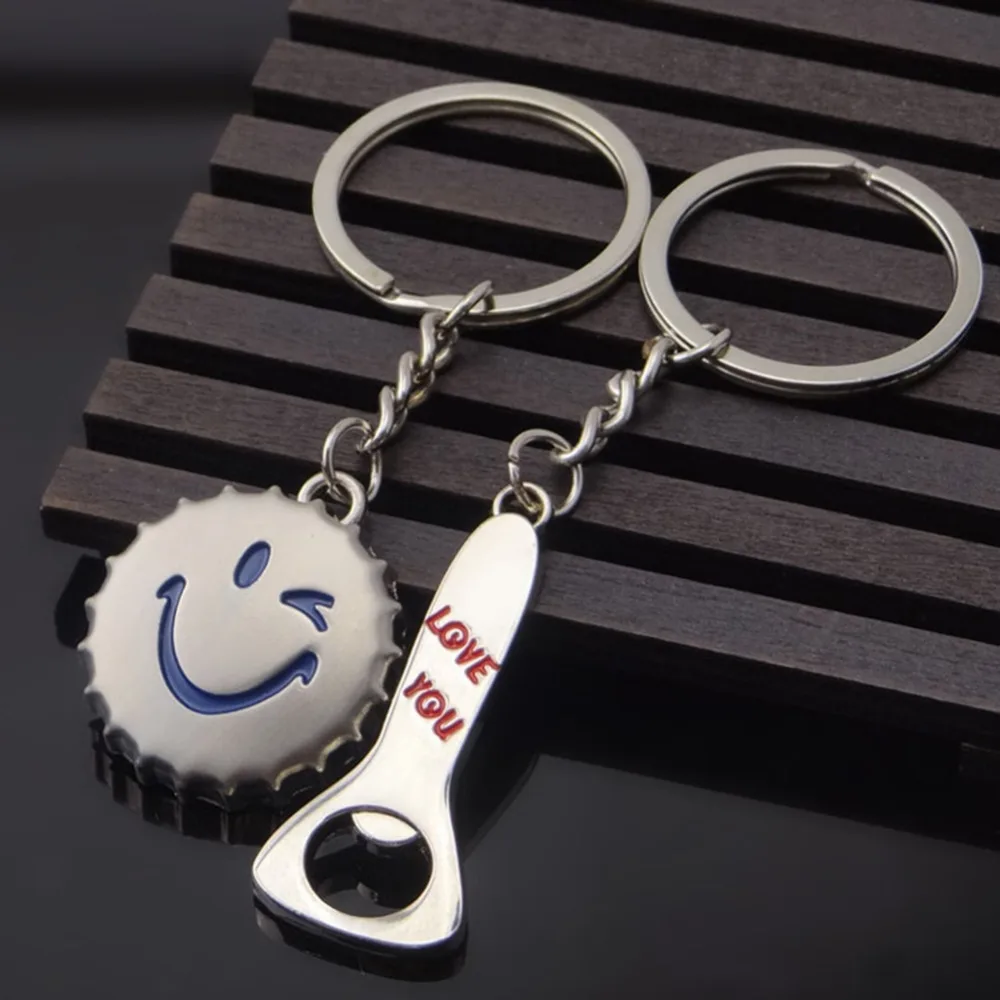 New 1Pairs Bottle Cap and Opener Keychains Metal Lovers Keyrings Lovers