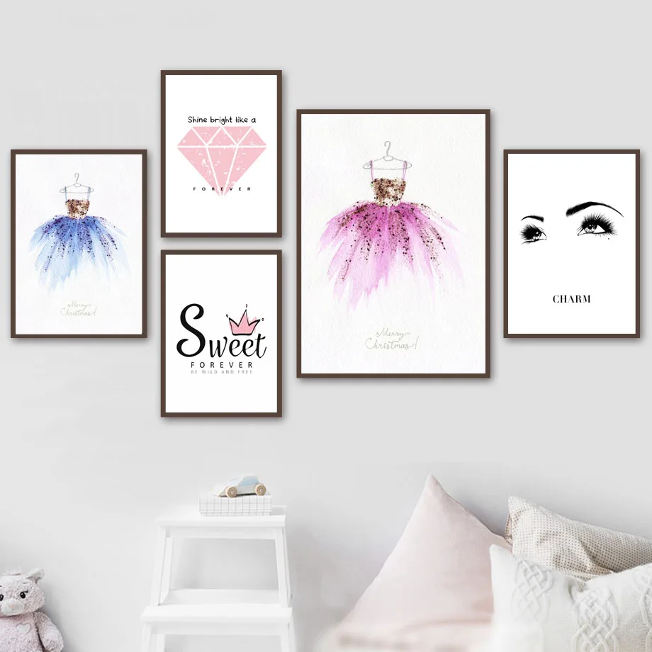 

Skirt Diamond Charm Eye Sweet Crown Wall Art Canvas Painting Watercolor Nordic Posters And Prints Wall Pictures For Kids Room