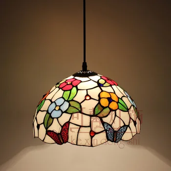 

12 Inch Flesh Country Flowers butterfly Tiffany pendant light Stained Glass Lamp for Bedroom E27 110-240V