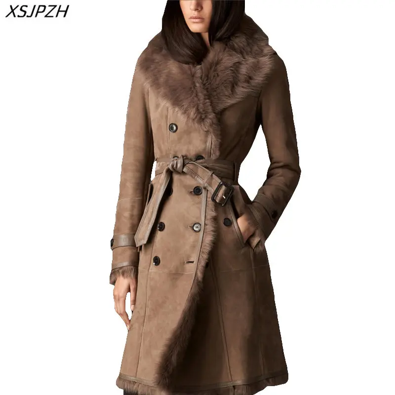 2018 New Winter Women Real Fur Jacket Long Sashes Wool Double-faced Fur Coat Vintage Sexy Warm Slim Belt Outerwear Cacaso AC273