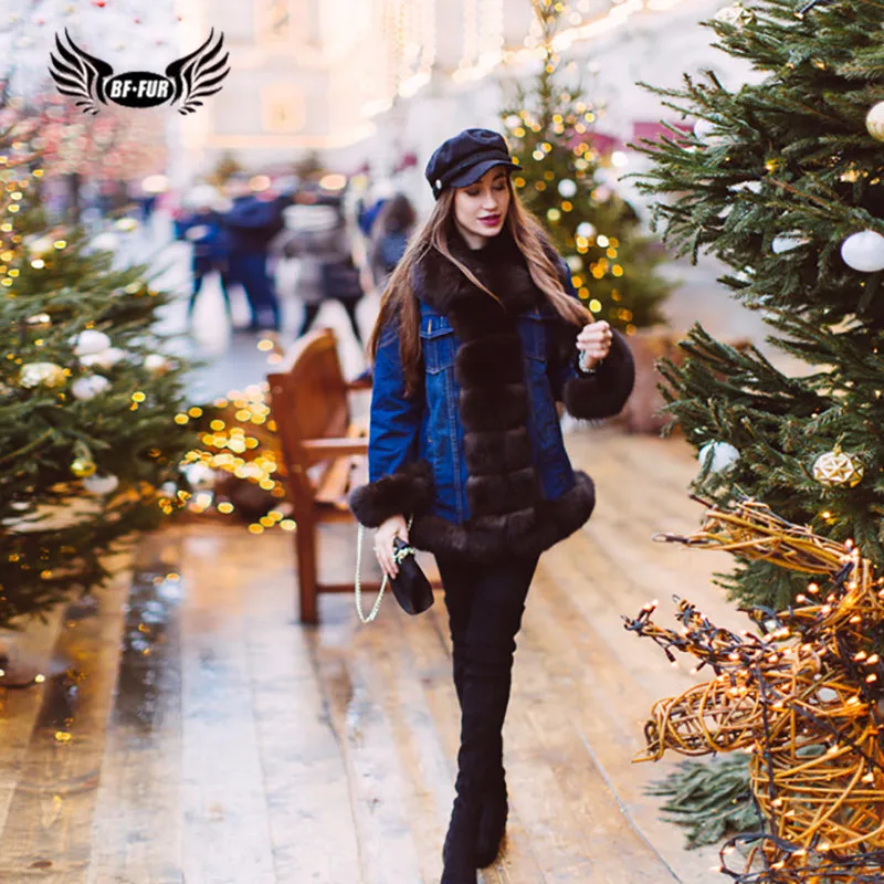 BFFUR 2018 New Arrival Real Fox Fur Coats Women Winter Denim Clothes Fur Collar Casual Jacket Lady Fur Parka Thick Warm Fur Coat Coats