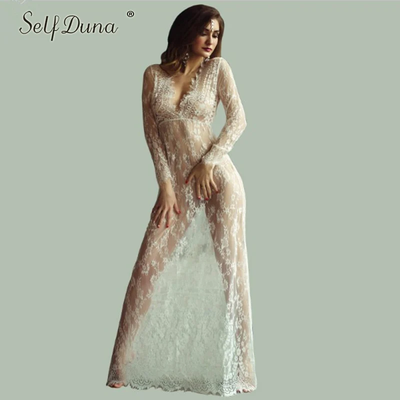 

Self Duna 2019 Summer White Lace Dress Maxi Plus Size XXXL 4XL Black Bodycon Lace Sexy transparent Women Long Dress