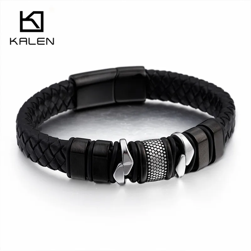 

KALEN Vintage Braided Leather Wrap Bracelets For Men Stainless Steel Black Geometric Charm Bracelets Male Wholesale Bracelets