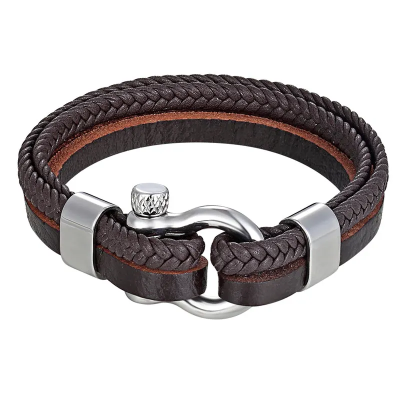 

High Quality Stainless Steel Shackle Buckle Leather Survival Bracelets Bangle Men Surf Nautical Sailor Surfer Wristband Jewelry