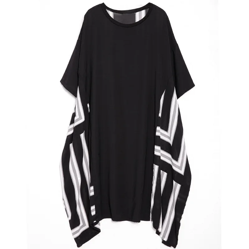 Асметричное шифоновое платье в полоску, лето, женское черное Свободное платье, специальный дизайн, пэтчворк, длинные платья LT070S50