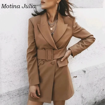

Motina Julia 2019 trendy double breasted blazer coat women belt sashes pokcets blazer outwear jacket coats streetwesar female
