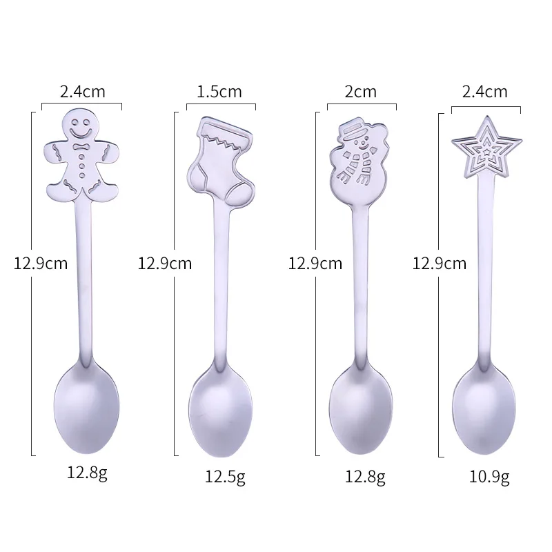 4 шт., Мини чайные ложки, ложка из нержавеющей стали, креативная, Рождественская, для мороженого, десерта, с ручкой, ложка для кофе и чая, посуда, детский подарок - Цвет: Silver