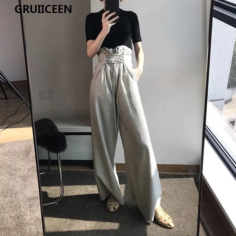 

GRUIICEEN Autumn 2017 New Elegant High Waist Pants Women Drawstring Wide Leg Pants Lace up Office Lady OL Wear pantalones