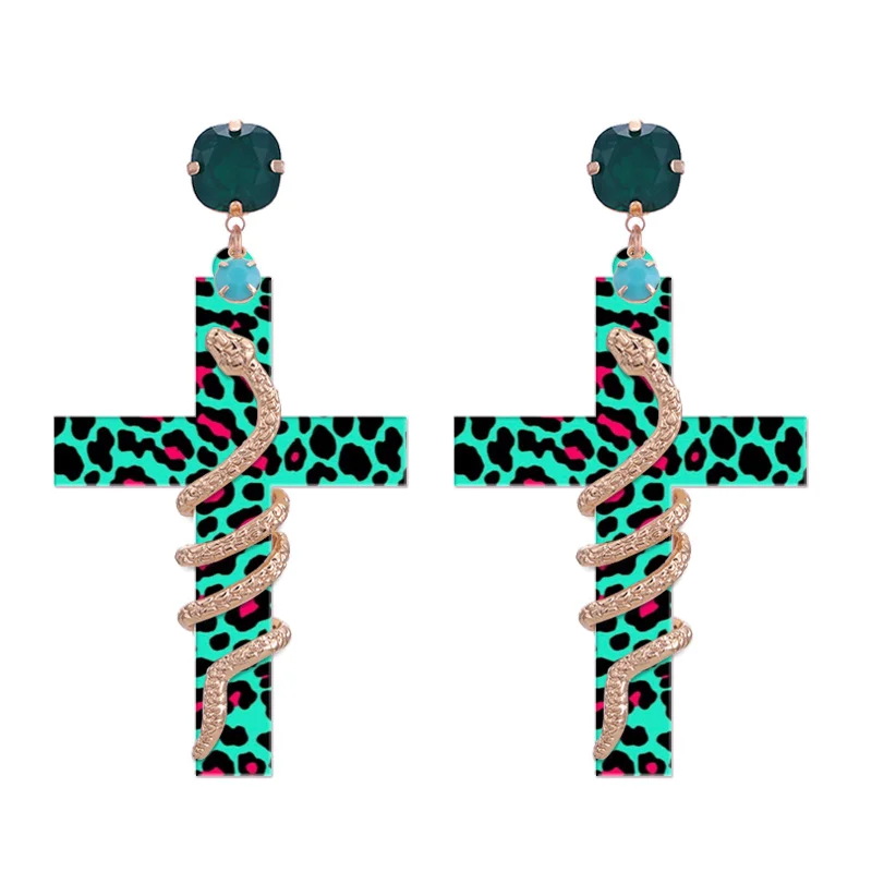 Sehuoran, богемные серьги-капли с крестом, в форме змеи, из смолы, для женщин, массивные серьги, модные стильные ювелирные изделия - Окраска металла: Green Tiger