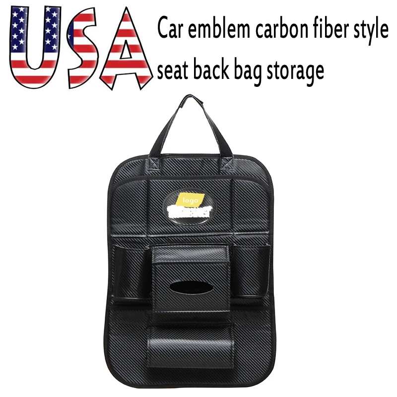 

High quality USA car emblem carbon fiber style car seat back bag storage for ford chevrolet buick volvo cadillac accessories