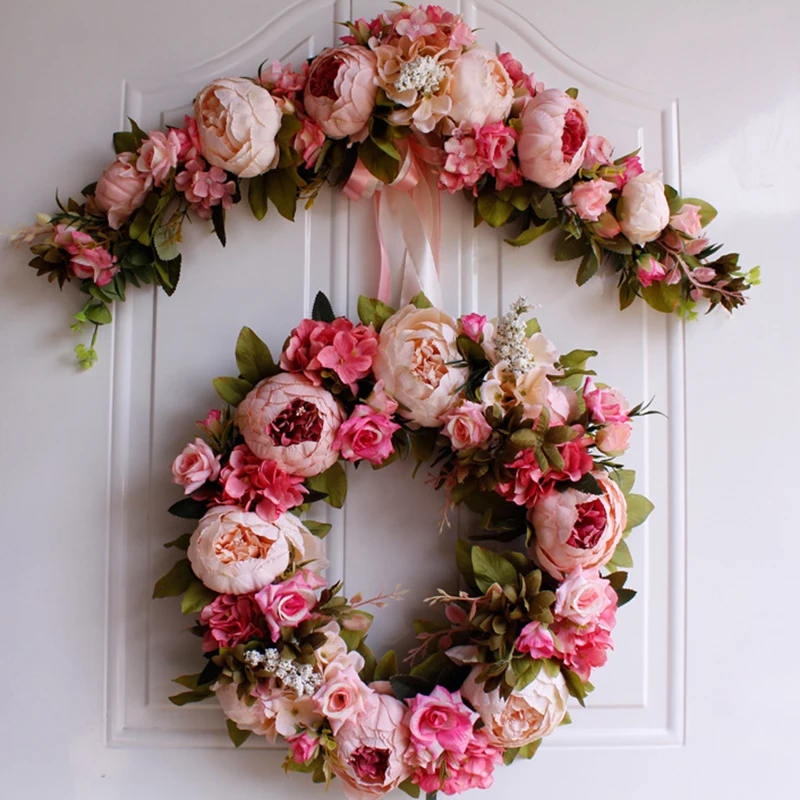 Christmas Silk Peony Rose Artificial Flowers Wreath Door High Quality Artificial Garland For Wedding decoration Home Party Decor