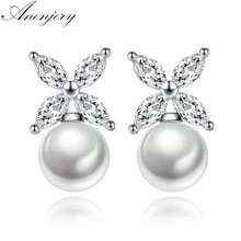 Anenjery, простые, модные, 925 пробы, серебро, AAAAA, CZ, циркон, жемчуг, серьги-гвоздики для женщин, серебро 925, ювелирное изделие, Oorbellen, S-E532