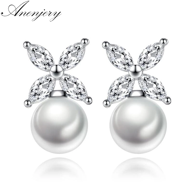 ANENJERY 925 Sterling Silver Simple Fashion AAAAA CZ Zircon Pearl Stud Earrings For Women Wedding Jewelry Oorbellen S-E532 | Украшения и