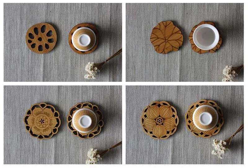 Tofok Water Lily Lotus Drink Coasters Mat Wooden Round Cup Table Mat Tea Coffee Mug Placemat Home Decoration Kitchen Accessories