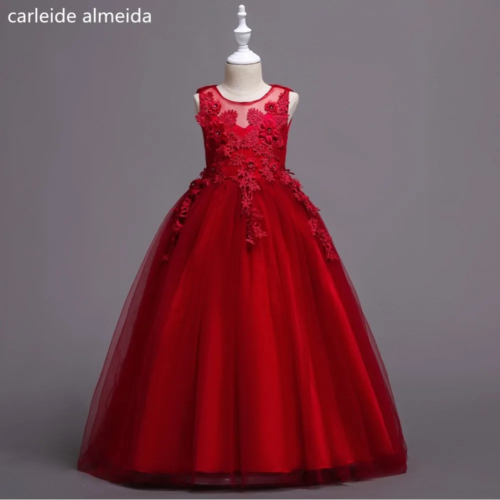 

A-Line O-Neck Tulle Flower Girl Dresses Lace Appliques Long Wedding Dress for girl Kids Satin Belt Communion dresses