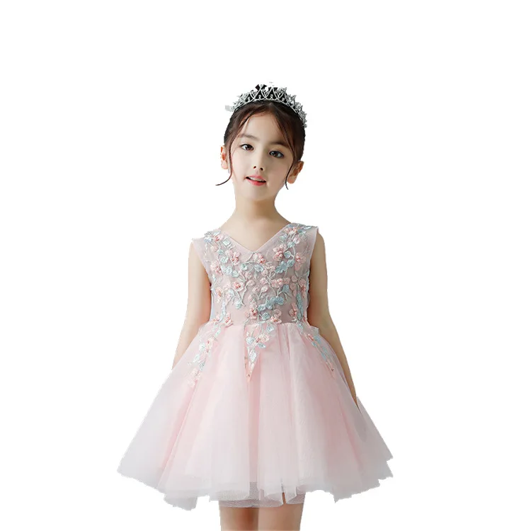 

Children Weddings Events Evening Party Flower Girl Dresses Kids Lace Sleeveless Short Embroidery Dress Child Birthday Gowns N14