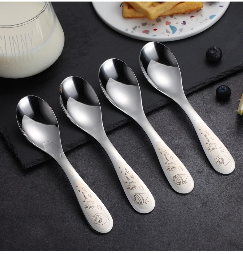 WORTHBUY 2 Pcs/Set Cartoon Kids Spoon 304 Stainless Steel Soup Spoon With Long Handle Serving Spoon Set Kitchen Soup Ladle Scoop