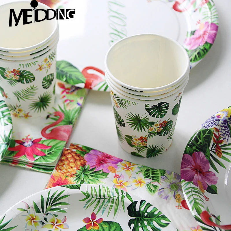 Disposable tableware Summer Tropical Green palm Flamingo Paper plate cup napkin Hawaiian Aloha Luau party supplies Wedding decor