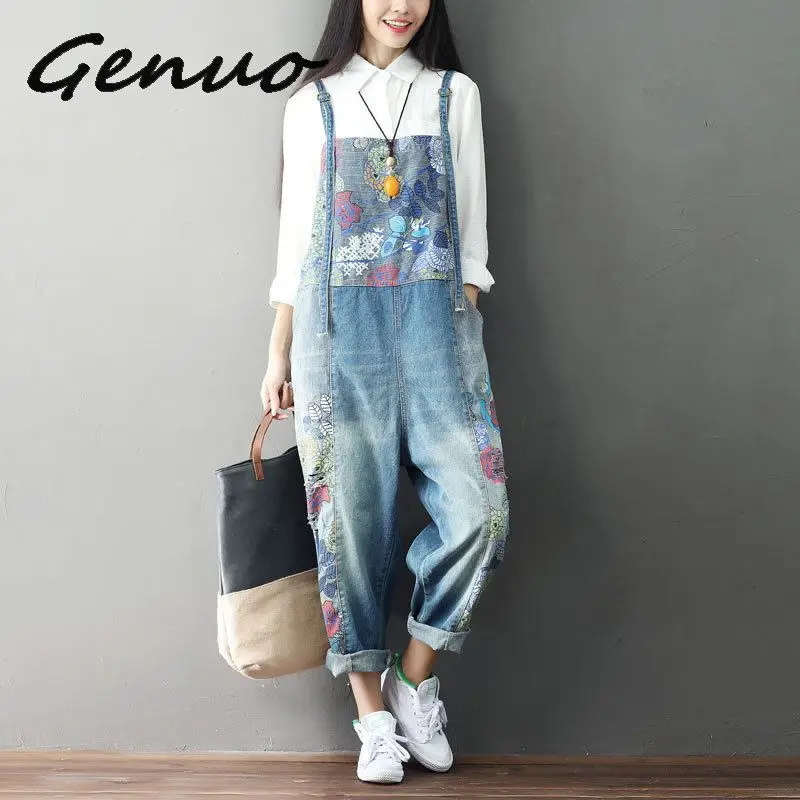 

Genuo New Casual Denim Full Length Jumpsuits 2019 Summer Loose Patchwork Vintage Print 2 Colors Women Jumpsuits