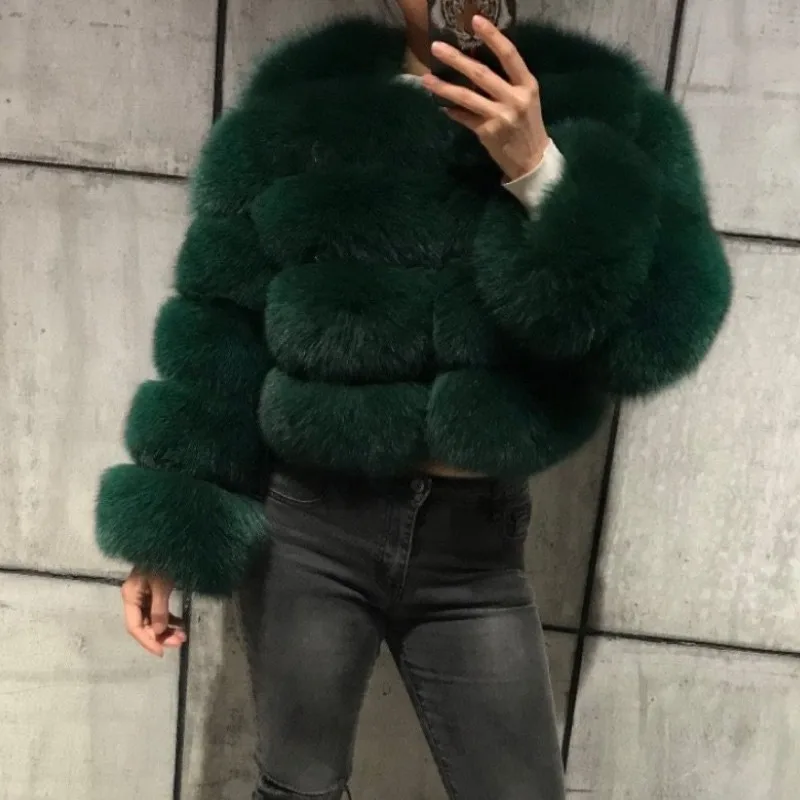 FURSARCAR New Fashion Natural Real Blue Fox Fur Women Natural Genuine Fur Jackets Coats Female 5 Row Short Outerwear Girls - Color: Green