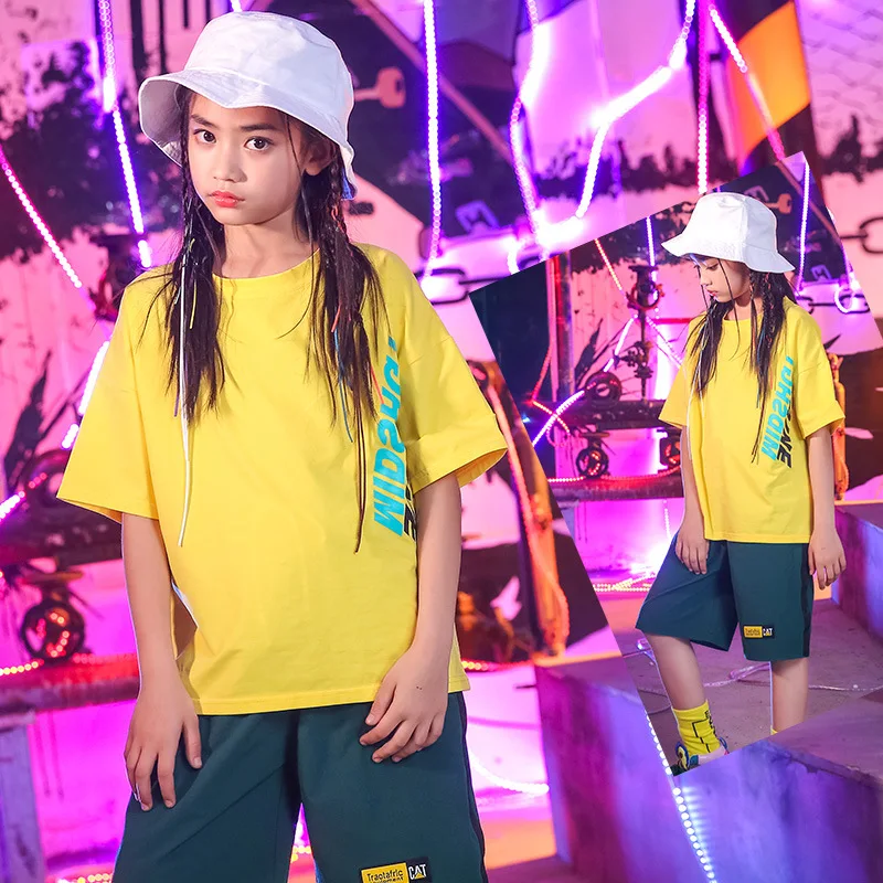 Children Hip Hop Dance Costumes Kids Street Dance Clothing Yellow Tshirt Green Shorts Girls Dancewear Stage Outfit (6)