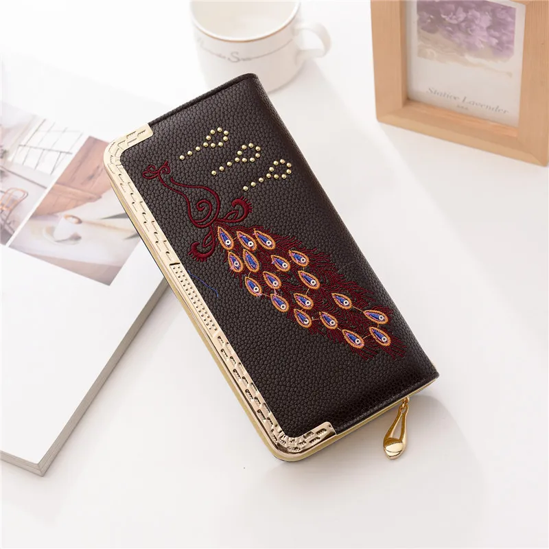 Women's wallet PU peacock-clutch Embroidery long wallet Clutch female with mobile pocket Card holder luxury wallets for women Women's wallet PU peacock-clutch Embroidery long wallet Clutch female with mobile pocket Card holder luxury wallets for women