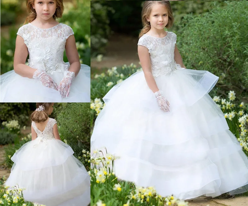 

New Coming Tiered Communion Gowns For Little Girls White Flower Girl Dress For Wedding with Floral Applique Lace top Custom Made